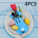 Maxbell 4x Easter Cutlery Bag Bunny Cutlery Holder Universal for Table Ornaments Blue