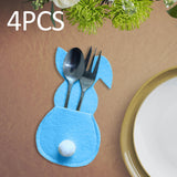 Maxbell 4x Easter Cutlery Bag Bunny Cutlery Holder Universal for Table Ornaments Blue