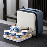 Maxbell Side Handle Tea Maker Ceramic Tea Dispenser Porcelain for Travel Outdoor light blue with cups