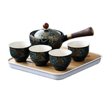 Maxbell Side Handle Tea Maker Ceramic Tea Dispenser Porcelain for Travel Outdoor dark blue with cups