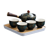 Maxbell Side Handle Tea Maker Ceramic Tea Dispenser Porcelain for Travel Outdoor dark blue with cups