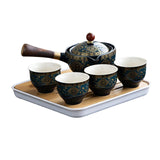 Maxbell Side Handle Tea Maker Ceramic Tea Dispenser Porcelain for Travel Outdoor dark blue with cups