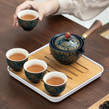 Maxbell Side Handle Tea Maker Ceramic Tea Dispenser Porcelain for Travel Outdoor dark blue with cups