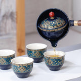 Maxbell Side Handle Tea Maker Ceramic Tea Dispenser Porcelain for Travel Outdoor dark blue with cups