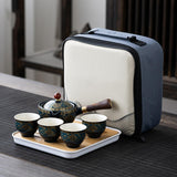 Maxbell Side Handle Tea Maker Ceramic Tea Dispenser Porcelain for Travel Outdoor dark blue with cups