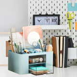 Maxbell Pen Holder Office Desk Organizer with Drawers Measure 7.6x5.5x4inch Portable Blue