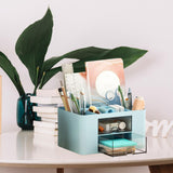 Maxbell Pen Holder Office Desk Organizer with Drawers Measure 7.6x5.5x4inch Portable Blue