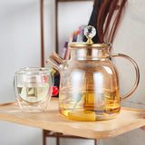 Maxbell Glass Tea Pot Kettle Wooden Lid Milk Jug Coffee Pitcher Airtight with Filter Light Brown 1L