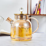 Maxbell Glass Tea Pot Kettle Wooden Lid Milk Jug Coffee Pitcher Airtight with Filter Light Brown 1L