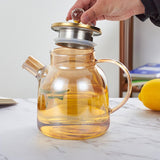Maxbell Glass Tea Pot Kettle Wooden Lid Milk Jug Coffee Pitcher Airtight with Filter Light Brown 1L