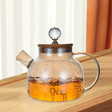 Maxbell Glass Tea Pot Kettle Wooden Lid Milk Jug Coffee Pitcher Airtight with Filter Light Brown 1L