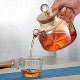 Maxbell Glass Tea Pot Kettle Wooden Lid Milk Jug Coffee Pitcher Airtight with Filter Light Brown 1L
