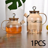 Maxbell Glass Tea Pot Kettle Wooden Lid Milk Jug Coffee Pitcher Airtight with Filter Light Brown 1L