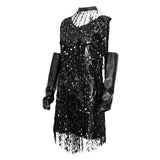 Maxbell V Neck 1920s Sequin Fringe Charleston Flapper Dance Dresses Costumes M silver black - Aladdin Shoppers
