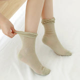 6pairs Lace Ruffle Floral Elastic Womens Breathable Casual Socks Light Green