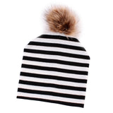 Womens Warm Winter Cotton Knit Beanie Large Pom Hat Black White Striped