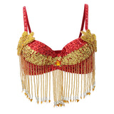 Women Beads Tassels Sequins Belly Dance Bra Top Dancewear Costume Red