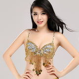 Women Sparkling Sequins Tassels Bra Top Raves Belly Dance Club Wear Gold