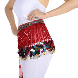 Belly Dance Waist Chain Hip Skirt Scarf with Sequins Coin Tassel Red