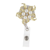 Rhienstone Alloy ID Badge Holder Reel Name Tag Card Clip White pearl flower