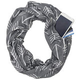 Fashion Women's Arrow Pattern Infinity Scarf Wrap with Zipper Pockets Gray