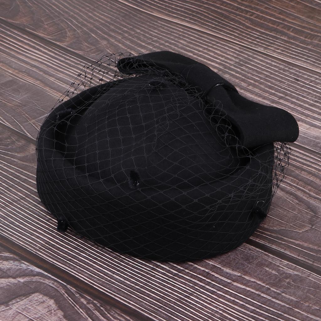 Vintage Wool Felt Pillbox Hat with Bow Veil Fascinator Wedding Headpiece Black