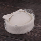 Vintage Wool Felt Pillbox Hat with Bow Veil Fascinator Wedding Headpiece White