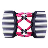 Women's Double Hair Comb Stretch Wood Magic Beads Clip Updo Hairstyle Rose