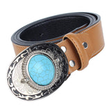 Max Western Cowboy Leather Belt Waist Strap Turquoise Buckle Waistband Brown
