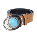 Max Western Cowboy Leather Belt Waist Strap Turquoise Buckle Waistband Brown