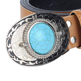 Max Western Cowboy Leather Belt Waist Strap Turquoise Buckle Waistband Brown