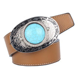 Max Western Cowboy Leather Belt Waist Strap Turquoise Buckle Waistband Brown