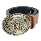 Max Men's Western Cowboy Leather Belt Indian Warrior Chief Head Buckle Brown