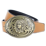Max Men's Western Cowboy Leather Belt Indian Warrior Chief Head Buckle Brown