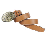Max Men's Western Cowboy Leather Belt Indian Warrior Chief Head Buckle Brown