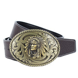 Men's Western Cowboy Leather Belt Indian Warrior Chief Head Buckle Coffee