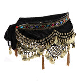 Womens Sequins Belly Dance Hip Scarf Wrap Skirt with Gold Coins Black