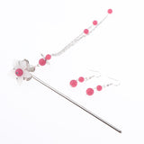 Dangle Hair Stick Chopstick Clip Flower Hairpin Chignon Pin Tassel Earrings Pink