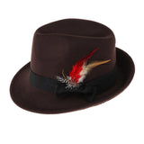 Men Fedora Hat Wool Felt Crushable Handmade Bowknot Feather Cap Coffee