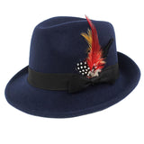 Men Fedora Hat Wool Felt Crushable Handmade Bowknot Feather Cap Navy blue