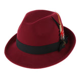 Men Fedora Hat Wool Felt Crushable Handmade Bowknot Feather Cap Wine red