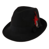 Men Fedora Hat Wool Felt Crushable Handmade Bowknot Feather Cap Black