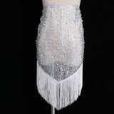 Max Belly Dance Hip Scarf Shining Triangle Tassel Hip Scarves Skirt White