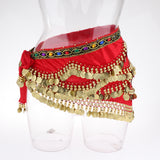 Max Velvet Dangling Gold Coins Belly Dancing Hip Skirt Scarf Wrap Belt Red