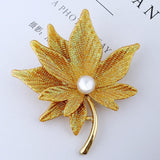 Vintage Double Maple Leaves Pearl Coat Brooch Necklace Pendant Yellow