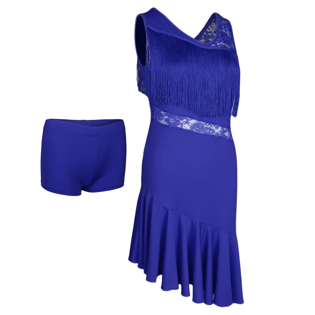 Max Latin Tassel Dance Dress Fringe Stage Performance Costume Dancewear L Blue