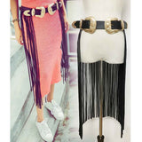 Max Women Punk Fringed Skirt PU Leather Tassels Long Dress Orange-Gold Buckle
