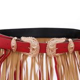 Max Women Punk Fringed Skirt PU Leather Tassels Long Dress Orange-Gold Buckle