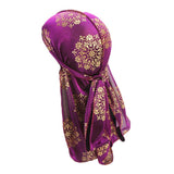 Men Women Silky Print Bandana Hat Durag Long Tail Headwrap Headwear Purple