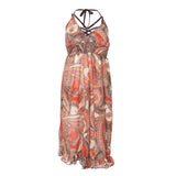 Maxbell Women 3 Piece Swimsuit Floral Bikini + Halter Beachwear Long Dress L Orange